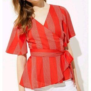 LOFT stripe Bright Red Wrapped Flare Sleeves Top Petite S